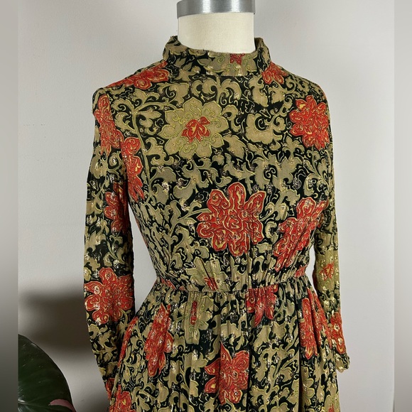 Vintage 60’s Gold Mock Neck Floral Maxi India Cotton Party Dress with Pockets - Picture 1 of 15
